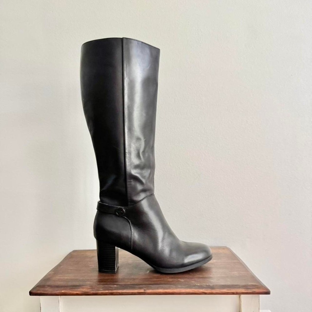90s knee-high black leather heel boot size 8.5 block heel